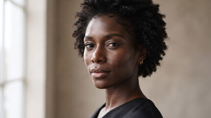 Obraz premium Portrait of a beautiful young African American woman with natural curly hair looking at the camera.