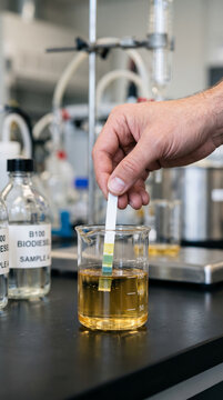 Hand dipping pH indicator paper test strip into beaker with biofuel