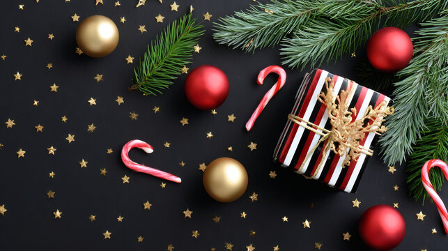 Christmas flat lay with gift box, fir branches, baubles, candy canes and golden stars on black background. Festive holiday composition for greeting cards or invitations.