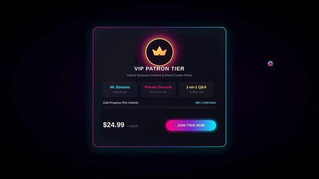VIP Patron Tier Subscription Membership Interface with Glowing Neon Border Animated Graphic Element