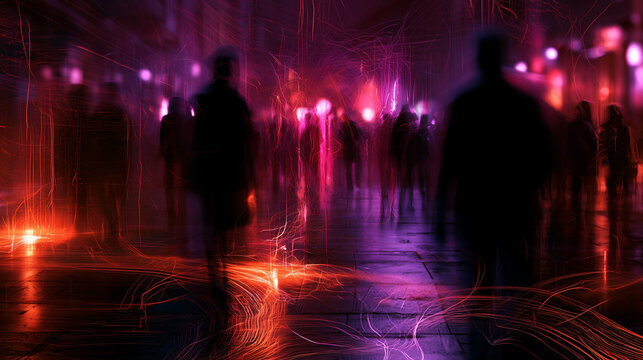 chaotic city movement with abstract motion at night, abstract urban nightlife with people and city lights, dynamic night city crowd with motion and colorful lights