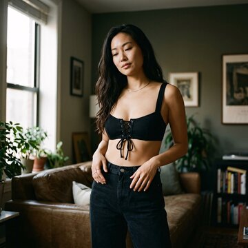 Young Asian woman posing in black lace-up bralette and jeans in a cozy living room