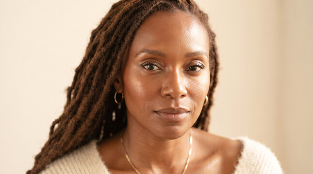 Portrait of a beautiful middle aged African American woman with dreadlocks looking at the camera.