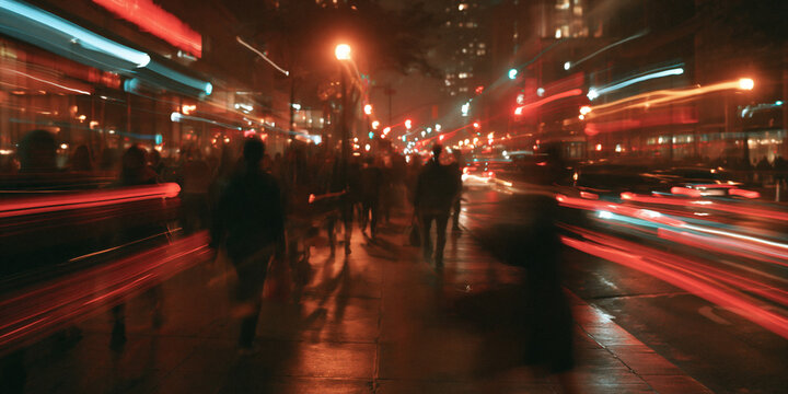 chaotic city movement with abstract motion at night, abstract urban nightlife with people and city lights, dynamic night city crowd with motion and colorful lights
