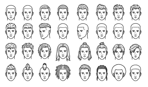Male Hairstyle Head Black White Line Art Vector Set 30 Haircuts and Hair Designs
