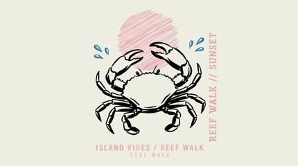 Beach club. Endless summer artwork. Tropical vintage design. Reef walk island vibes crab print for t shirt. Sunset beach graphic.