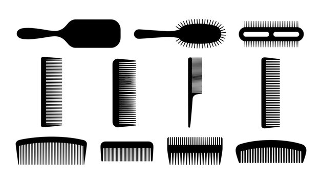Professional Hair Comb and Brush Silhouette Icon Set Featuring Paddle Brush, Wide Tooth Comb, Tail Comb, and Fine Fine-Tooth Barber Styling Tools