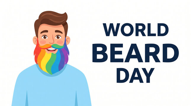 World Beard Day illustration featuring smiling man with colorful rainbow beard and text celebrating facial hair style diversity creativity and global beard appreciation event  generative ai