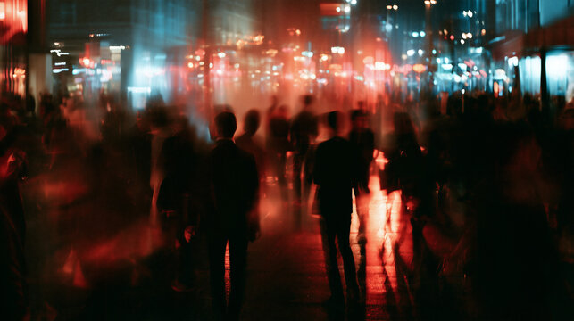 chaotic city movement with abstract motion at night, abstract urban nightlife with people and city lights, dynamic night city crowd with motion and colorful lights