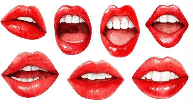 Seven watercolor illustrations of glossy red lips in various expressive poses, showcasing teeth and tongue in a vibrant, artistic style.