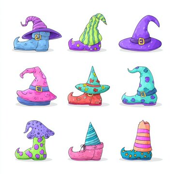 Nine colorful, whimsical witch hats and shoes with various patterns and shapes, each pairing a boot with a matching pointed hat.