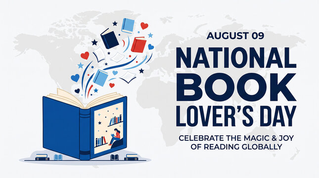 National Book Lover&rsquo;s Day August 9 poster with open book hearts and flying pages on world map background celebrating global reading imagination and love for literature  generative ai