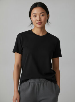 Young Asian woman wearing a simple black t-shirt and sweatpants