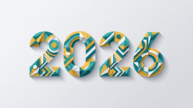 Colorful geometric number 2026 design with teal yellow and white patterns on light background symbolizing modern creativity celebration new year and artistic typography style  generative ai
