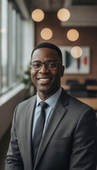 Fototapeta premium Smiling African American businessman in suit and glasses looking at camera in office