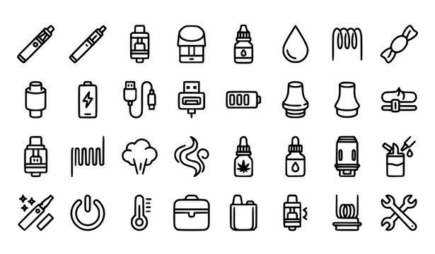 Minimalist Vape Thin Line Icon Set with Editable Stroke for Electronic Cigarette Devices E Liquid and Components
