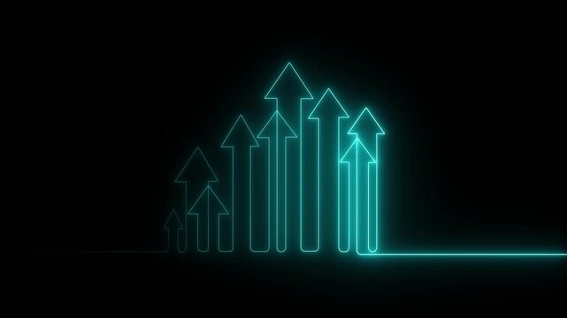 business growth bar chart and arrow icon black background, continuous one line art style financial success arrow, rising stock market chart..