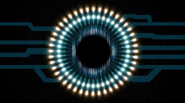 Glowing toroidal array of lights within a futuristic digital circuit