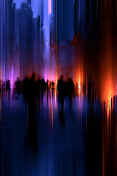 chaotic city movement with abstract motion at night, abstract urban nightlife with people and city lights, dynamic night city crowd with motion and colorful lights