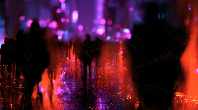 chaotic city movement with abstract motion at night, abstract urban nightlife with people and city lights, dynamic night city crowd with motion and colorful lights