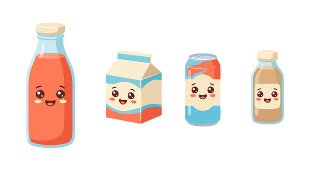 Cute kawaii beverage and drink packaging vector set with soda cans and milk bottles