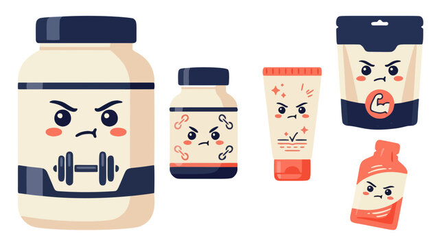 Cute kawaii fitness supplement container vector set with angry gym faces