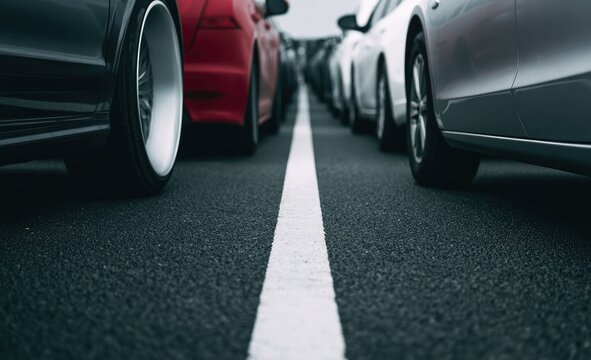 A row of cars, viewed from ground level, with a white line dividing them