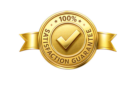 Premium golden 100 percent satisfaction guarantee badge with checkmark and elegant ribbon design for trusted business service promotions