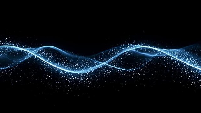 Abstract blue energy waves flowing with subtle particles against a dark backdrop