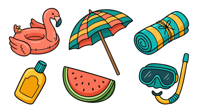 Summer beach elements vector doodle set with flamingo float umbrella watermelon and snorkel