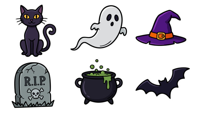 Spooky halloween icons vector doodle set with jack o lantern black cat ghost and cauldron
