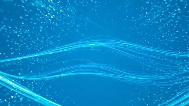 Abstract blue energy waves with sparkling particles in dynamic motion