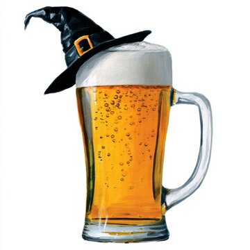 A frothy mug of beer wearing a black witch's hat, blending a festive Halloween theme with a refreshing drink.