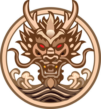 Bronze-Dragon Head Emblem With Ornate Wave Border Design reed eye