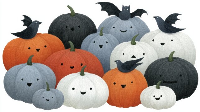 Cute illustrated pumpkins with smiling faces, accompanied by black birds and bats, featuring Halloween-themed colors and friendly expressions.