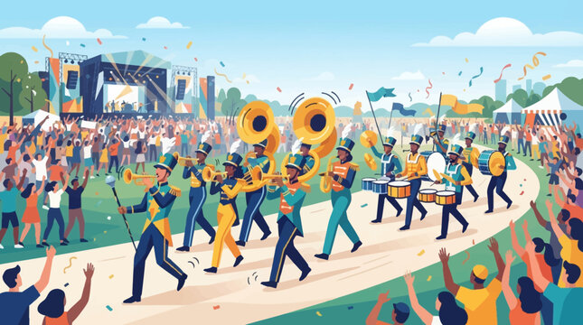 A lively outdoor parade featuring a marching band with tubas and drums, confetti falling, and a cheering crowd at a music festival.