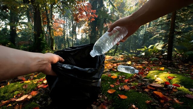 Hand Picking Up Plastic Bottles into Black Trash Bag - Litter Cleanup and Plastic Waste Collection, Environmental Protection, Recycling Awareness and Sustainable Living
