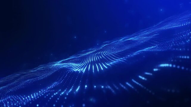 Abstract blue glowing digital wave field with light particles moving across a futuristic landscape