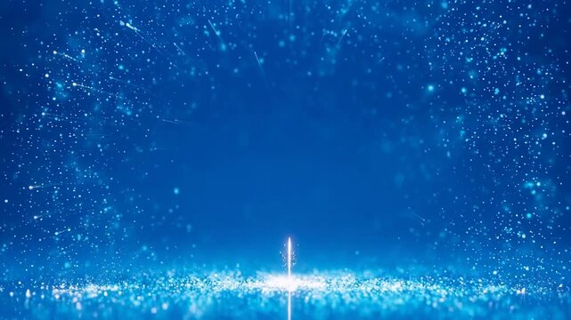 Abstract blue glowing particles bursting with light trails in a dark ethereal environment