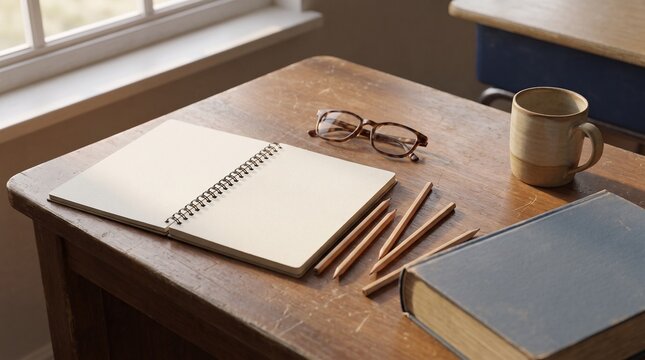 Open spiral notebook, wooden pencils, glasses, coffee mug, and book on wooden desk near window in classroom, teachers day and education background concept with copy space