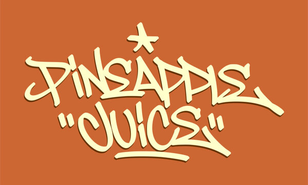 Pineapple juice beverage text word written in a hand drawn urban graffiti tag calligraphy style. Street art typography design with a yellow tropical fruit drink concept on red backdrop clip art.