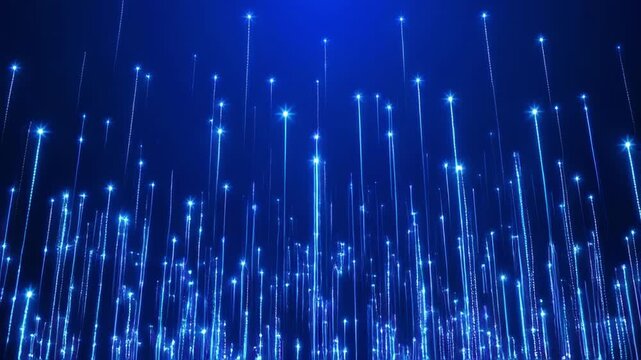Abstract blue glowing particles rising in cinematic motion against a dark background with bokeh