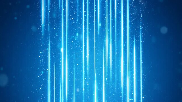 Abstract blue light streaks falling in cinematic motion with bokeh particles during a technological concept