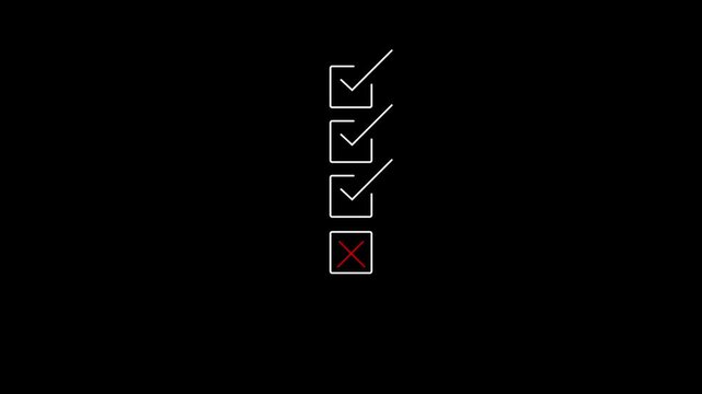 Checklist animation with success and failure task completion and error symbols on black background, task list
