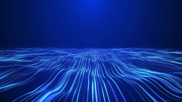 Abstract blue light streaks flowing through a digital landscape with subtle motion blur