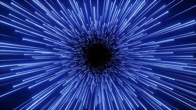 Abstract blue light streaks tunnel motion through futuristic digital void with speed and energy