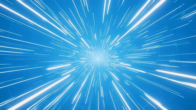 Abstract blue light streaks zoom through space during a futuristic warp speed journey
