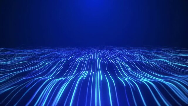 Abstract blue light trails flowing forward in a digital landscape with subtle depth and motion