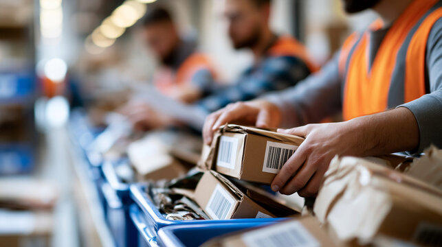 Within a bright returns center, faceless staff sort crushed boxes into inspection bins, ecommerce logistics, damaged parcels, refund processing, reverse supply chain, warehouse workflow,