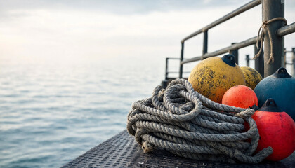 Obraz premium A coiled rope and several colorful buoys rest on a metal pier railing beside a calm sea at daylight. The composition emphasizes nautical equipment and tranquil waters.